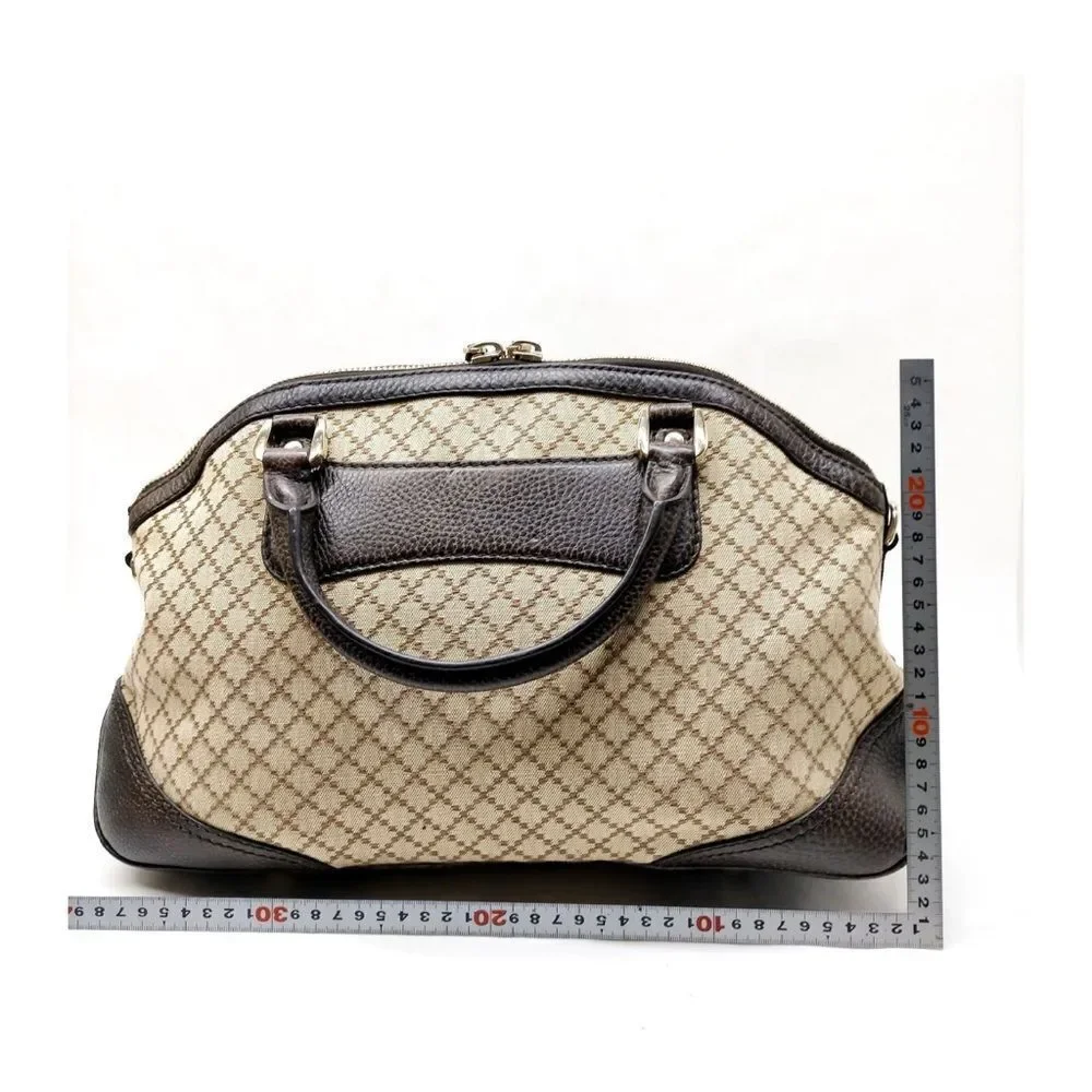 Auth GUCCI Brown Beige Canvas Brown Leather Diamanté Catherine Dome Handle Bag